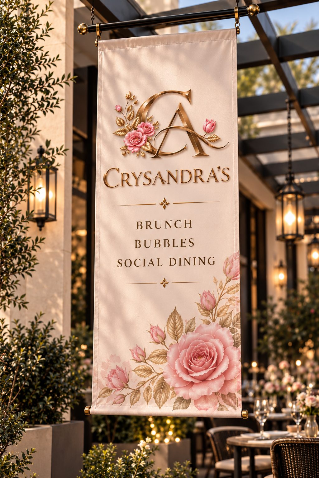Visualization of the Crysandra’s promotional banner designed by Nebulight, hanging beneath a patio pergola: the floral monogram, wordmark and tagline over painted roses