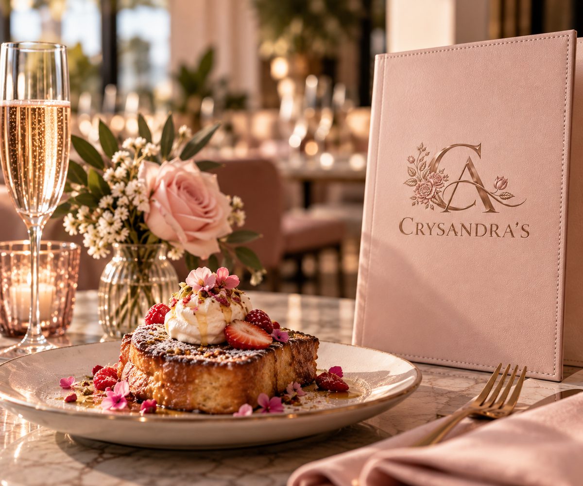Concept visualization: brioche French toast with berries beside a glass of champagne and a blush Crysandra’s menu