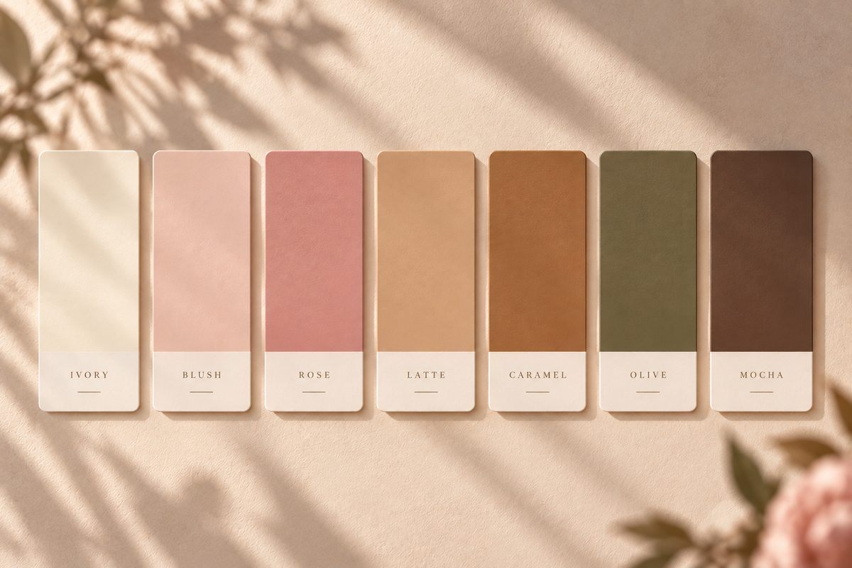 The seven Crysandra’s colours as labelled swatch cards: ivory, blush, rose, latte, caramel, olive and mocha