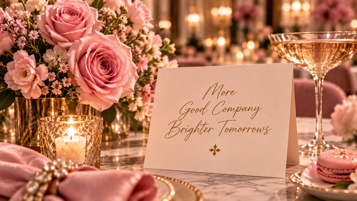 Concept visualization: a handwritten-style table card among roses, candles and champagne