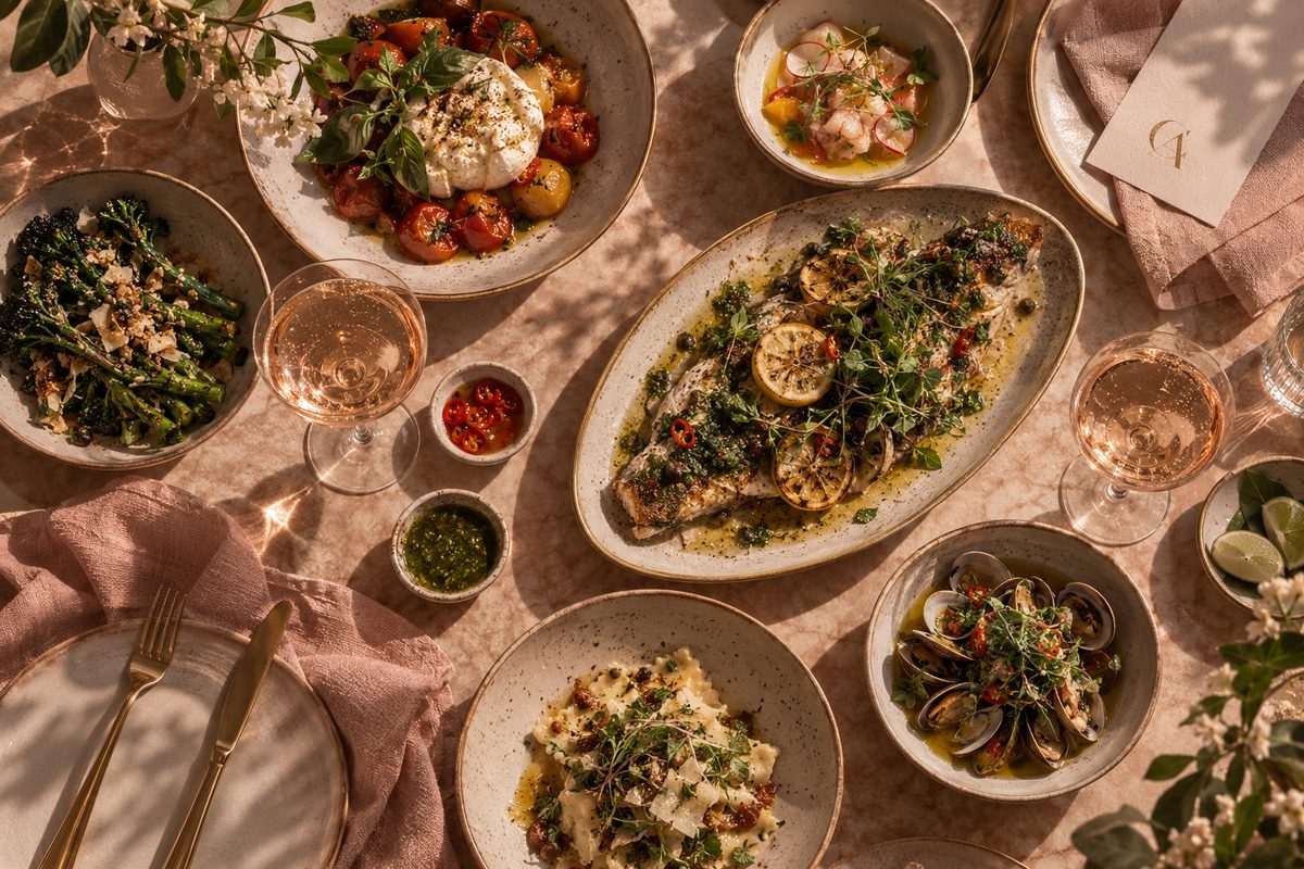 Concept visualization: an overhead table of shared dishes — fish, salads, burrata and clams — with rosé and blush linen