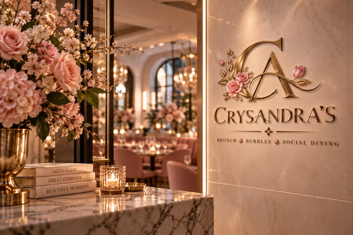 Concept visualization: the full Crysandra’s logo in dimensional gold on a marble feature wall, with roses and stacked books beside it
