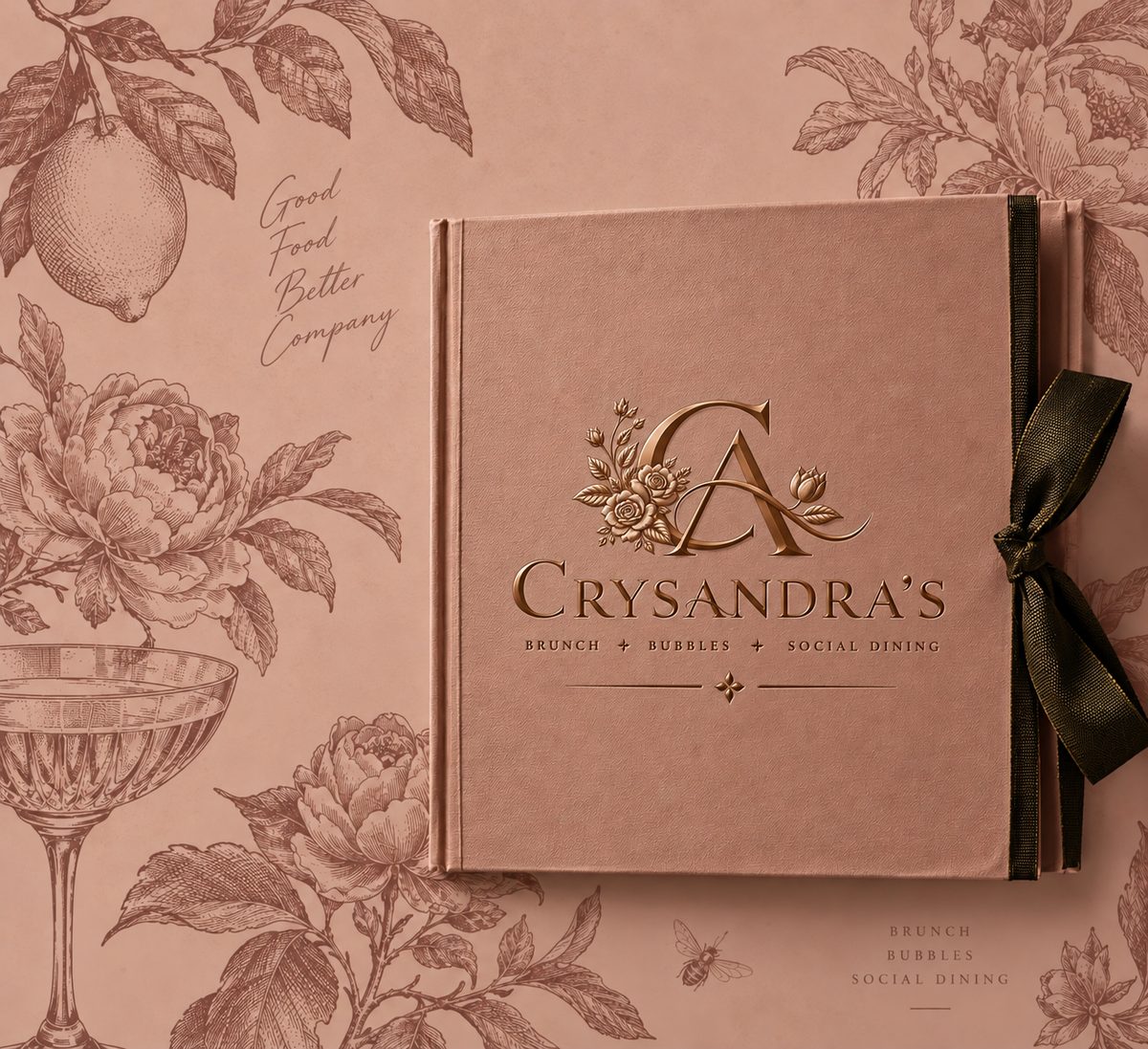 Concept visualization: a Crysandra’s menu cover in the botanical toile, tied with an olive ribbon