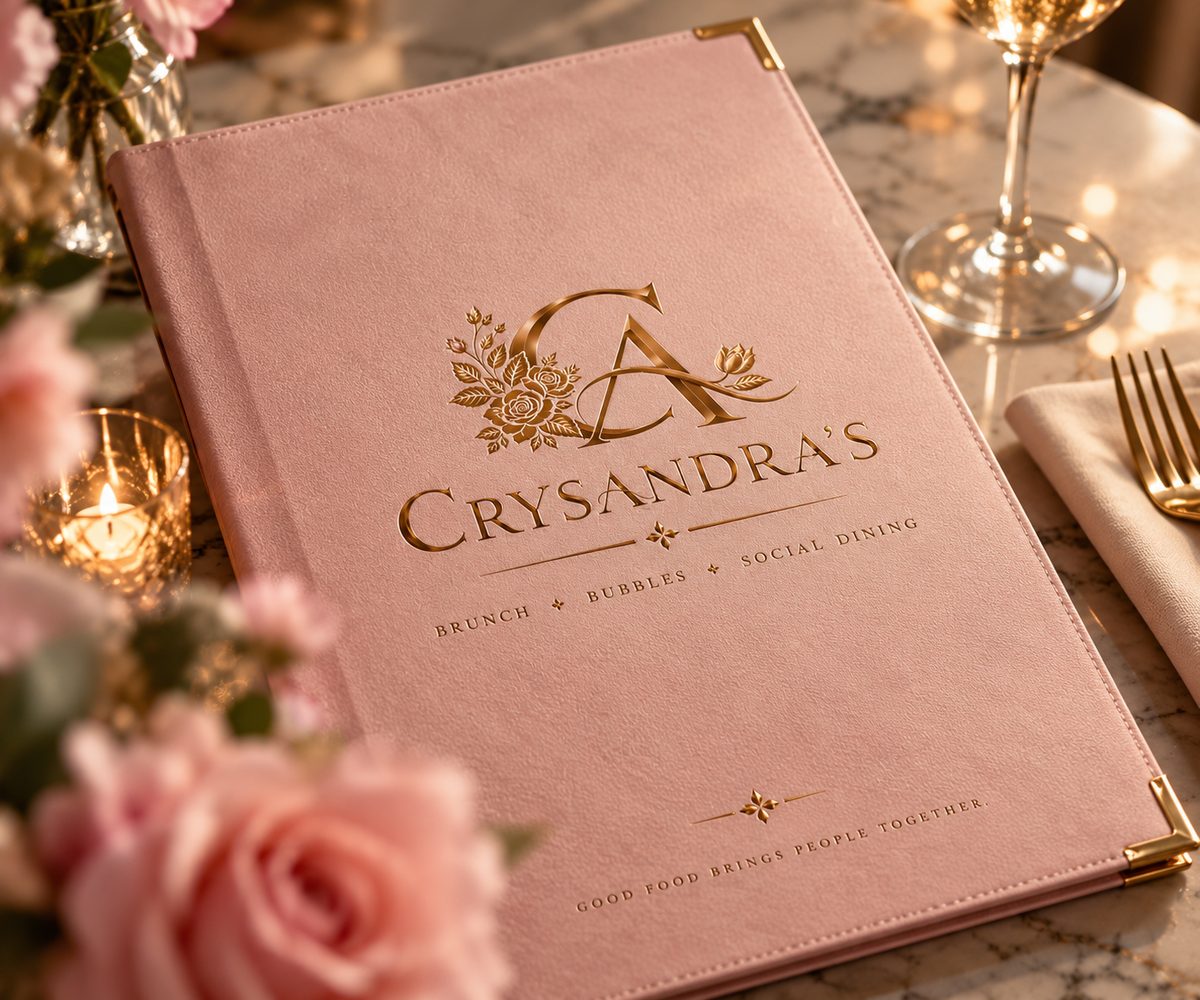 Concept visualization: a blush suede Crysandra’s menu with the logo in gold, on a marble table