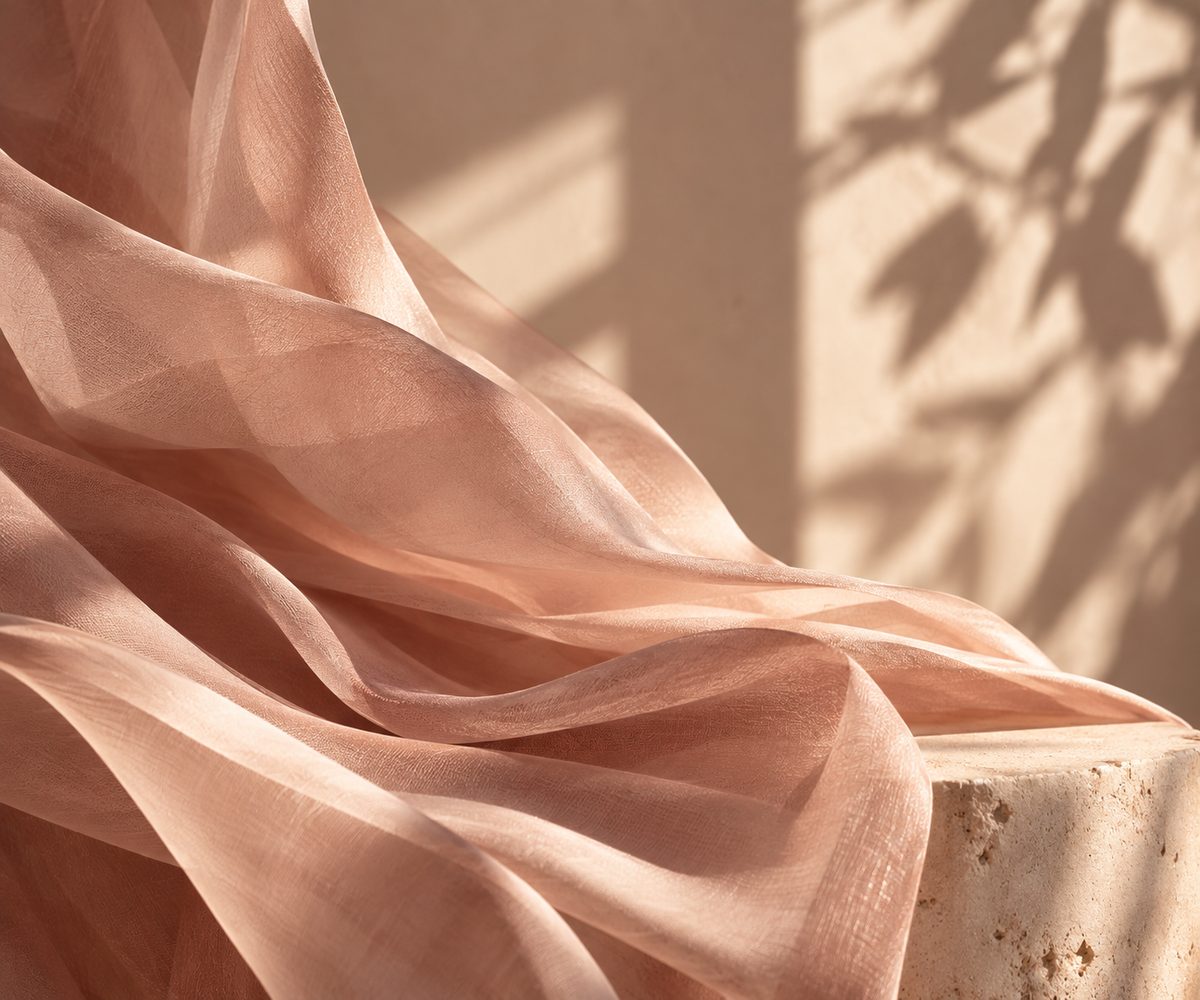 Art direction study: blush silk drifting across warm stone in late light