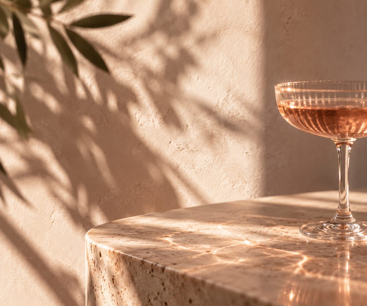 Art direction study for Crysandra’s: a coupe of champagne on a travertine ledge in warm afternoon light, olive leaves casting shadows across the wall