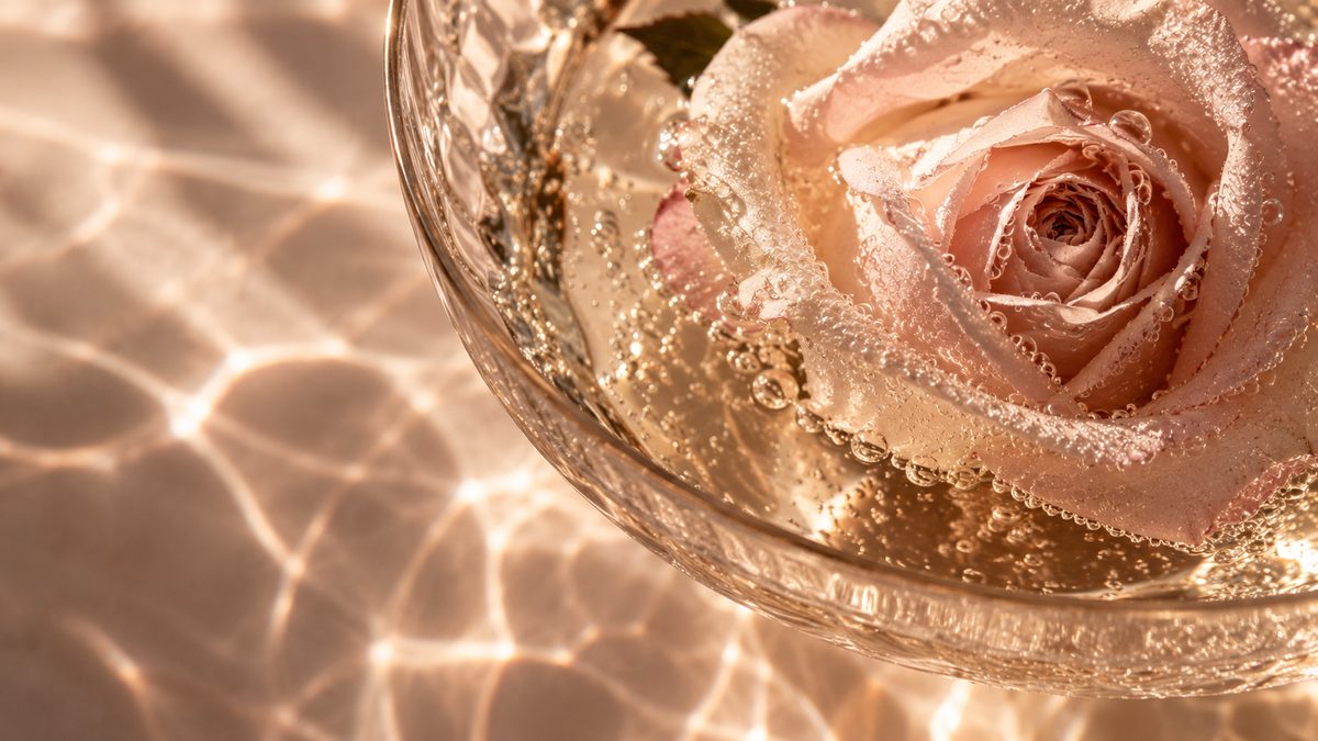 Art direction study: a single rose suspended in champagne beneath shifting gold reflections