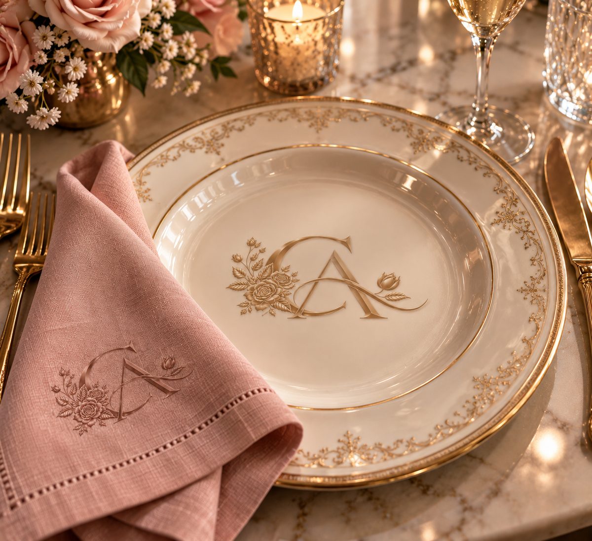 Concept visualization: gold-rim fine china with the floral CA monogram beside an embroidered blush napkin