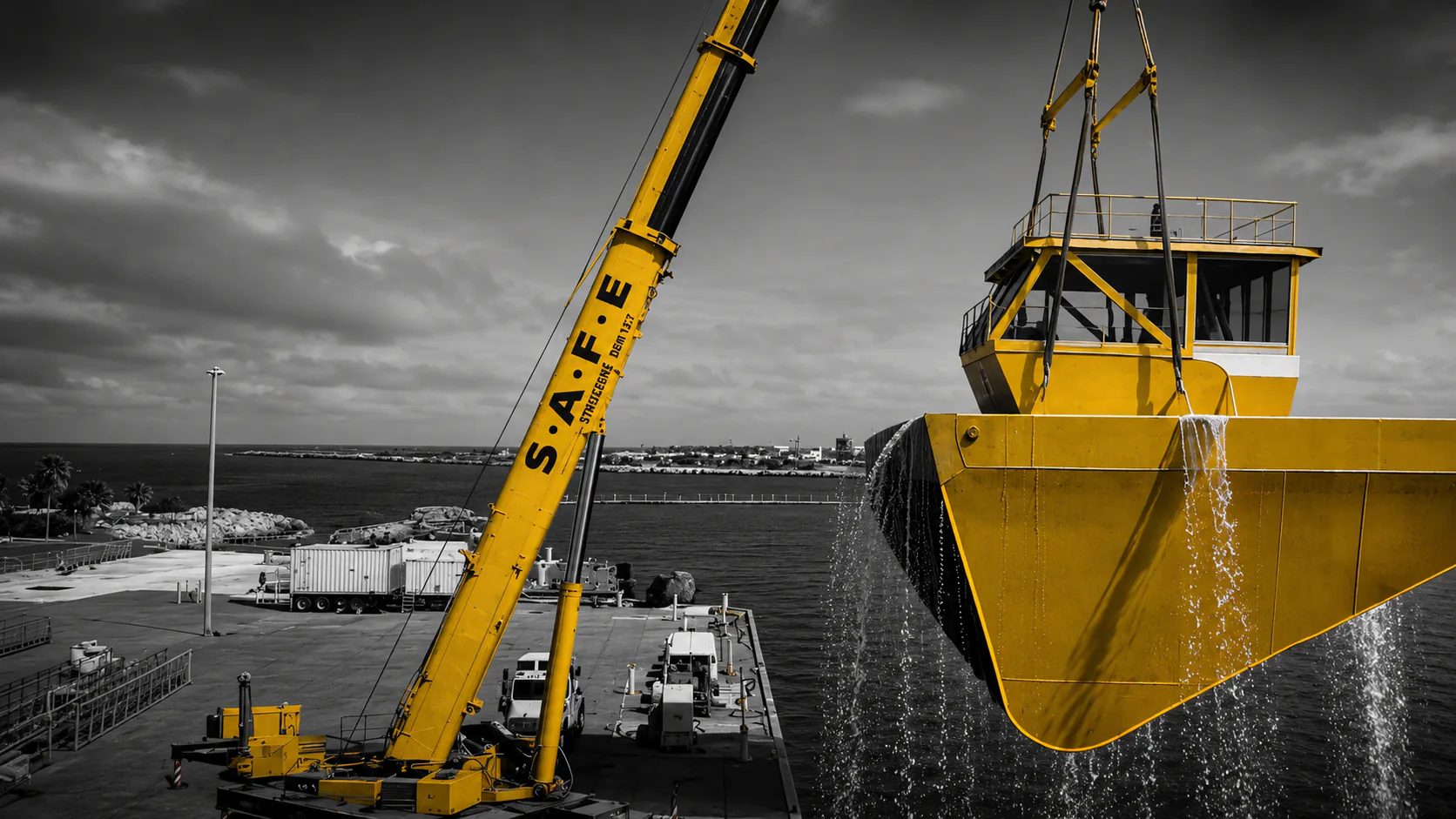 Visualization: a yellow S.A.F.E. crane lifting a vessel hull at the waterfront