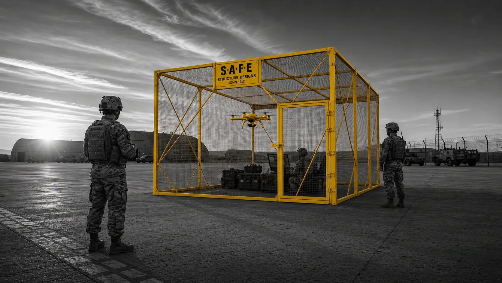 Visualization: a yellow S.A.F.E. drone cage enclosure on an airfield at dusk