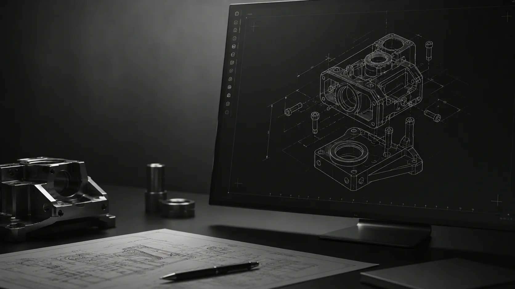 Engineering analysis: an exploded CAD view of the bracket on screen beside printed technical drawings