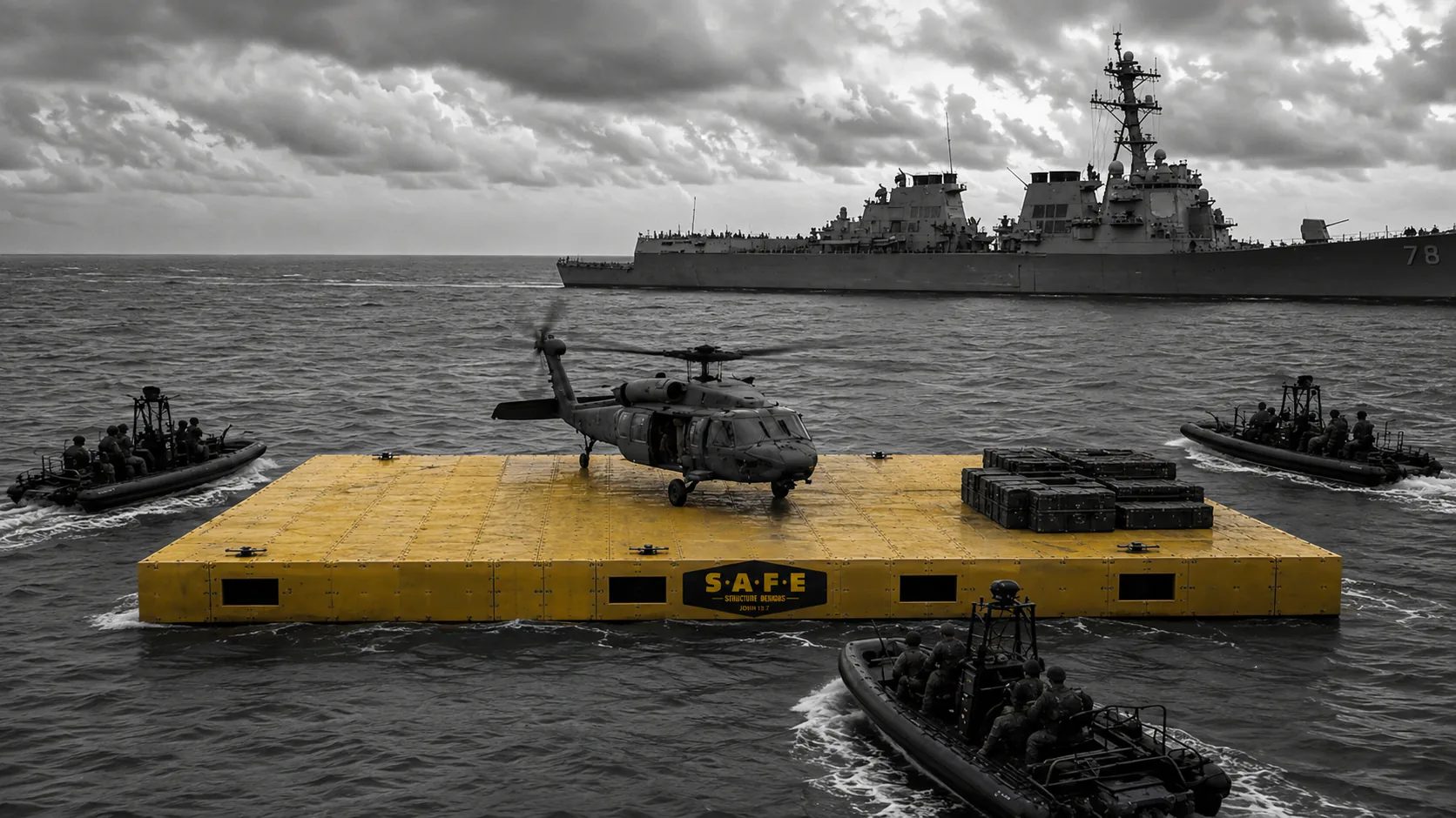 Visualization: a yellow S.A.F.E. floating landing pad holding an MH-60 helicopter at sea, small boats standing by