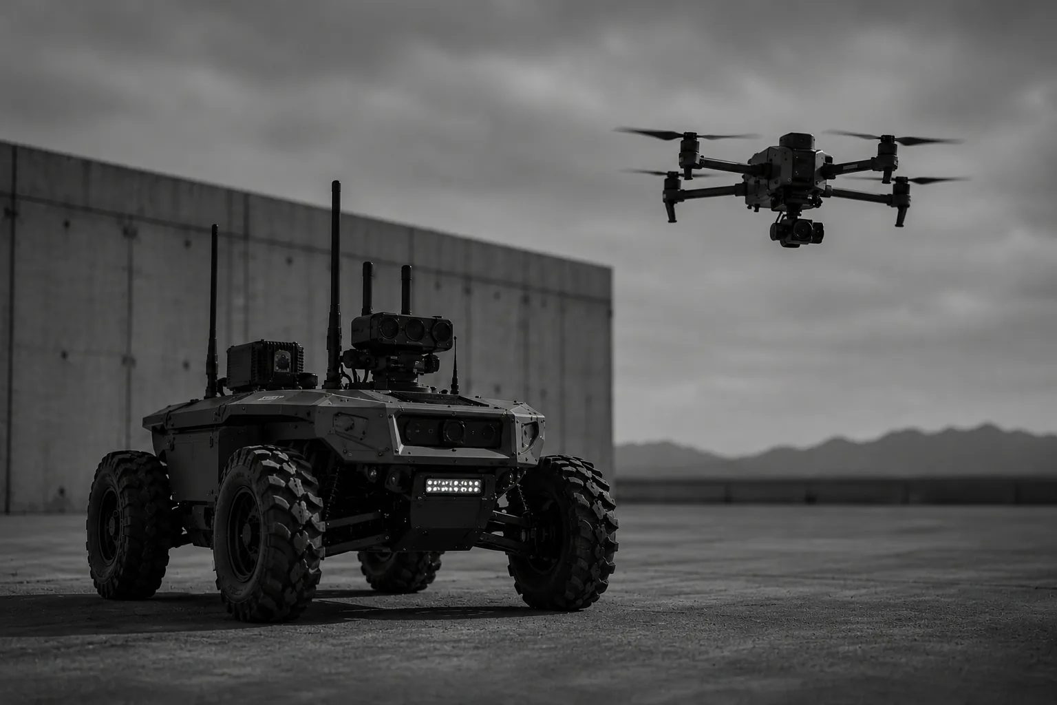 An unmanned ground robot operating alongside a drone