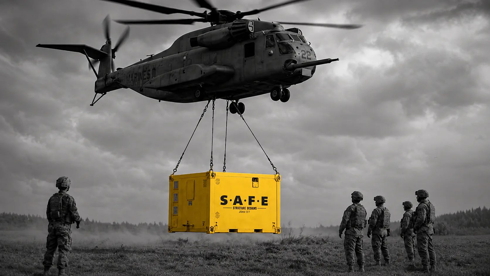 Visualization: a heavy-lift helicopter airlifting a yellow S.A.F.E. containerized unit to troops waiting in a field