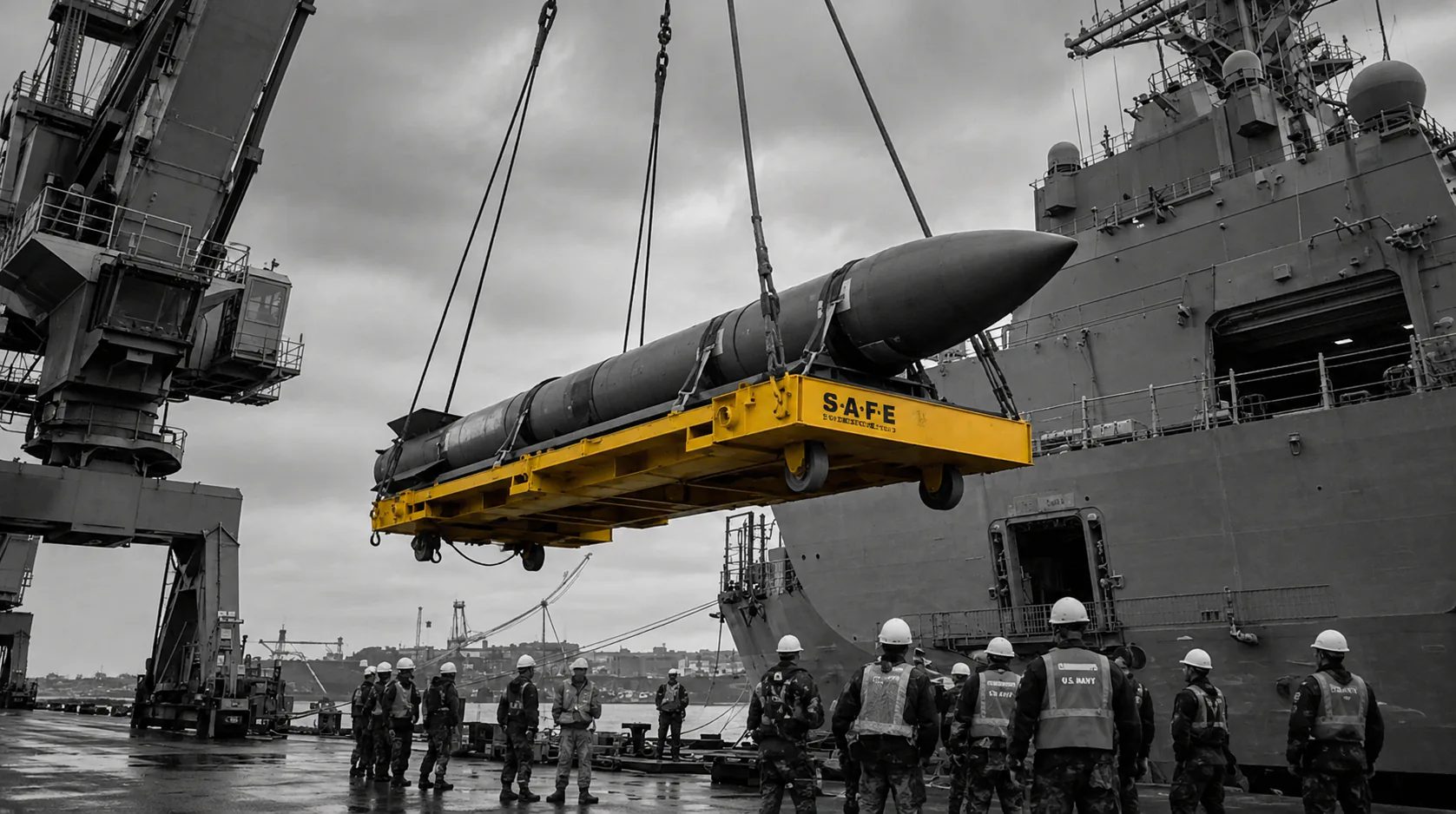 Visualization: a dockside crane lifting a missile secured to a yellow S.A.F.E. strongback support cradle beside a Navy ship