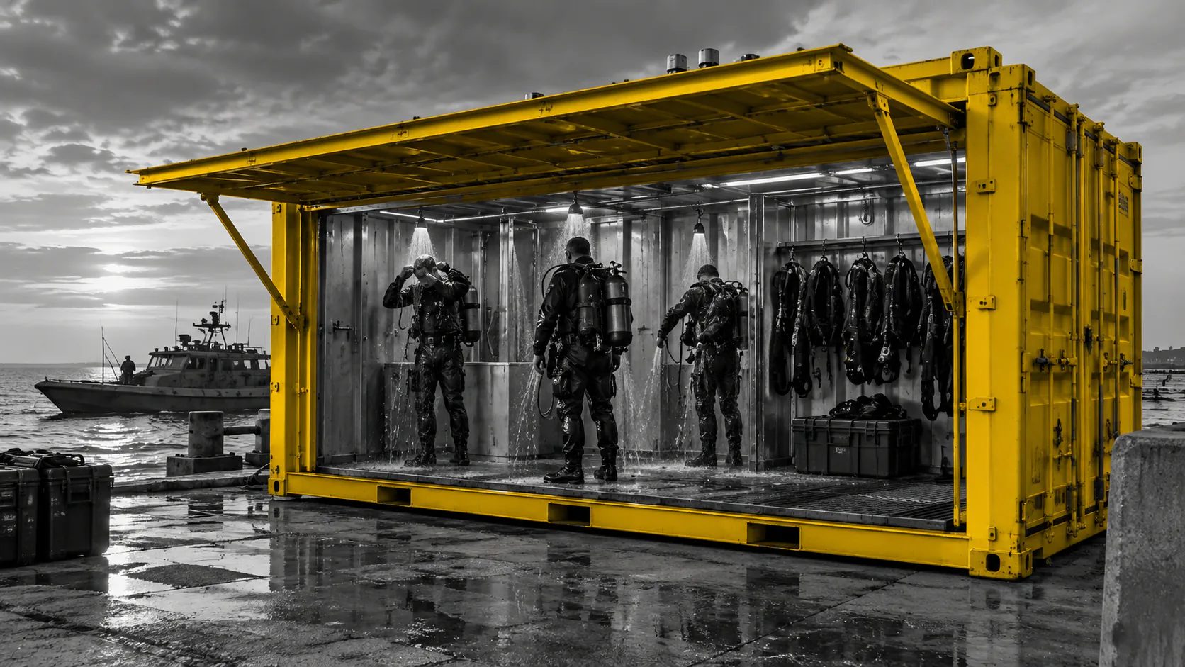 Visualization: divers rinsing off inside a yellow S.A.F.E. mobile diver shower unit, dockside at sunset