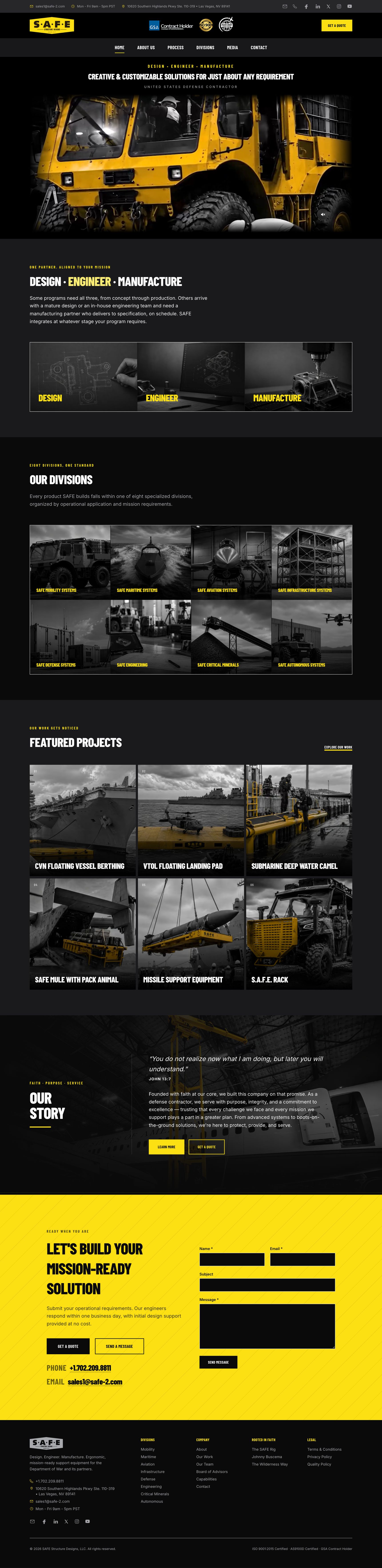 The safestructuredesigns.com homepage at desktop width, captured in full: the hero film under the headline Creative & Customizable Solutions for Just About Any Requirement, Design, Engineer, Manufacture, the eight-division grid, featured projects, Our Story, the quote form and the footer