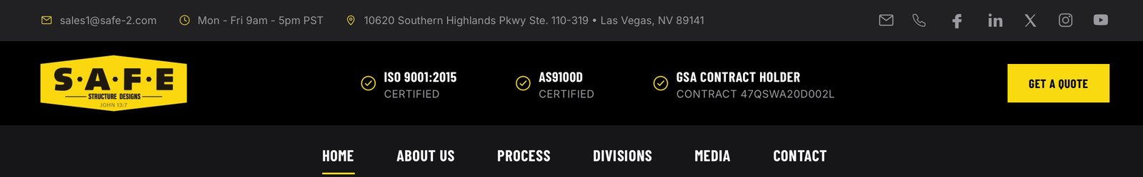 Detail of the S.A.F.E. website header: logo, ISO 9001:2015, AS9100D and GSA credentials, the Get a Quote button and the primary navigation
