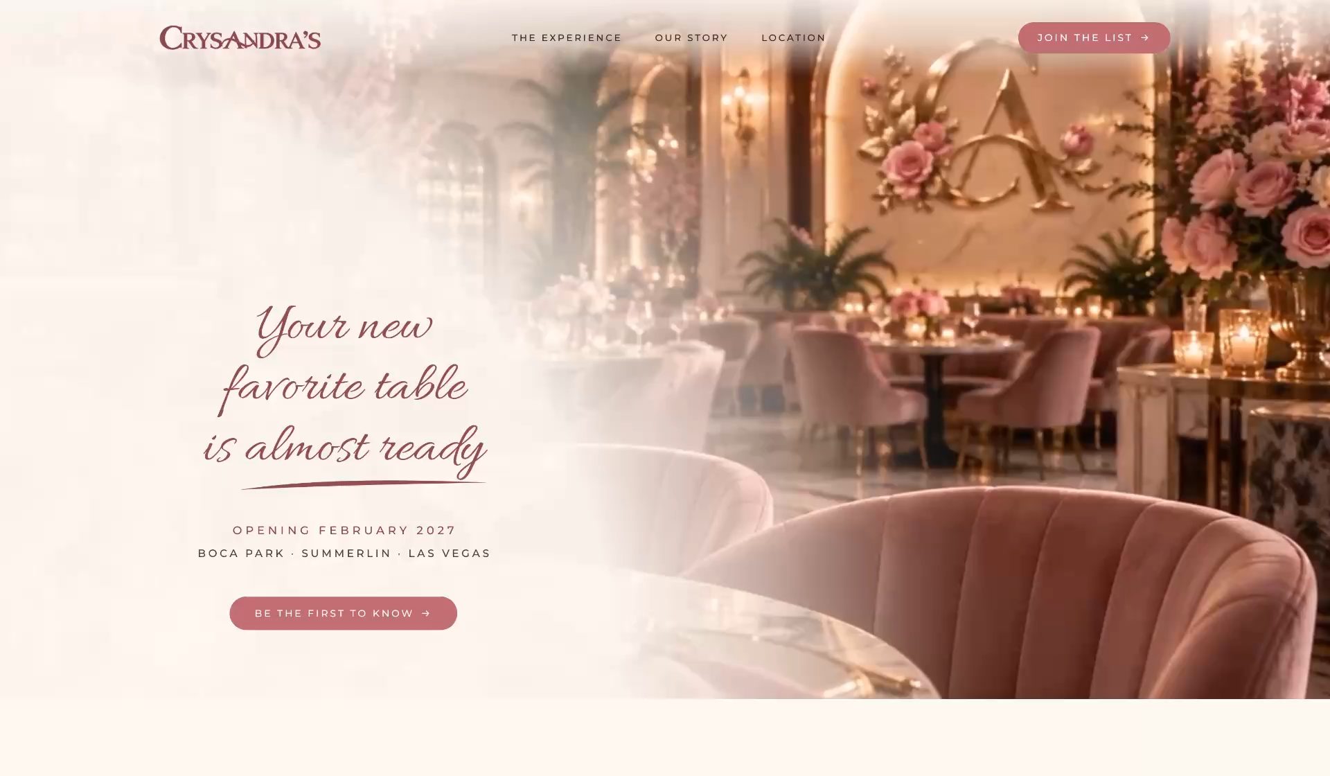 The crysandras.com homepage: “Your new favorite table is almost ready”